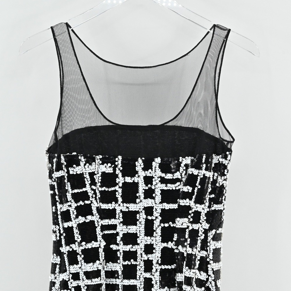Aidan Mattox‎ Sequin Mini Dress Womens Size 2 Black White Sheath Sleeveless Mesh - Picture 13 of 15